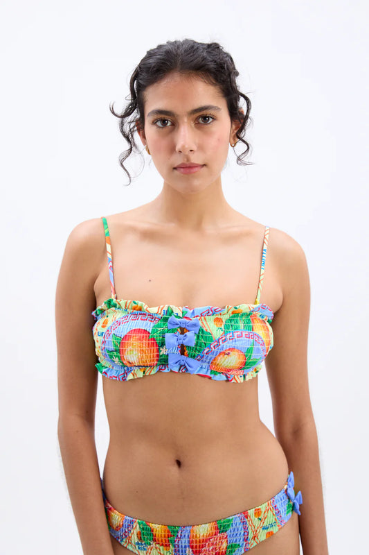 Damson Madder - Jessie Shirred Bow Bikini Top - Orange Print
