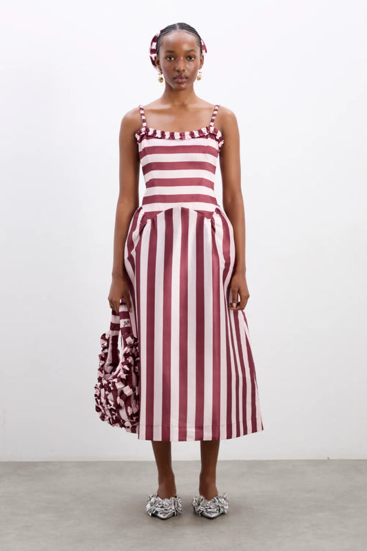 Damson Madder - Rachel Ruffle Midi Dress - Pink / Burg Stripe