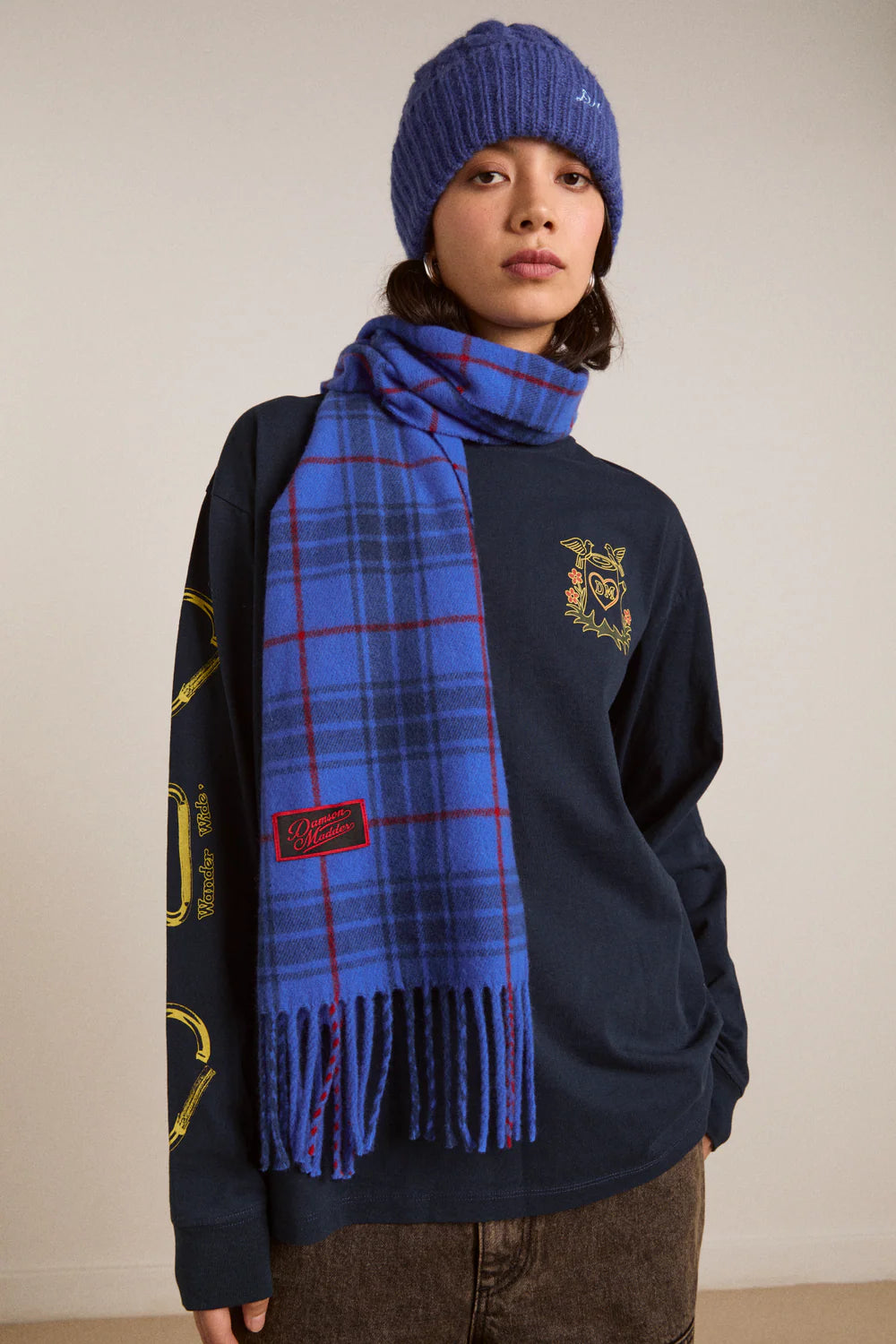 Damson Madder - Check Wool Scarf, Blue