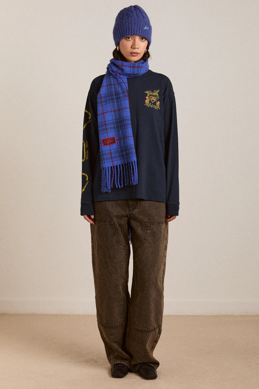 Damson Madder - Check Wool Scarf, Blue