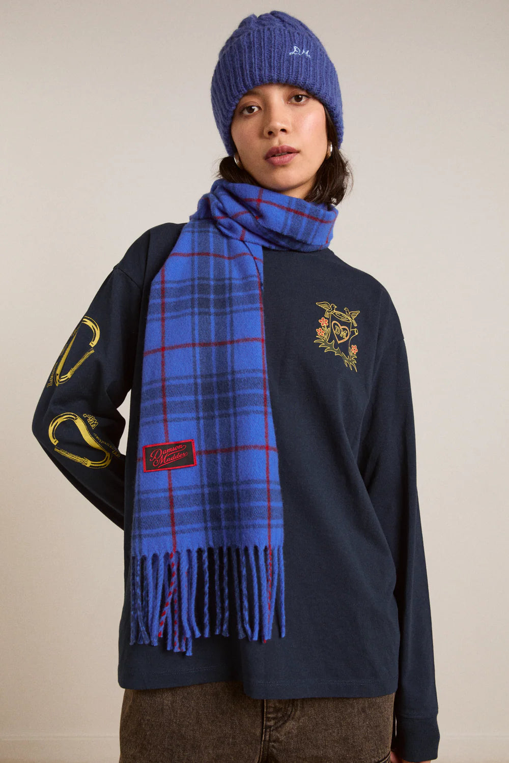 Damson Madder - Check Wool Scarf, Blue