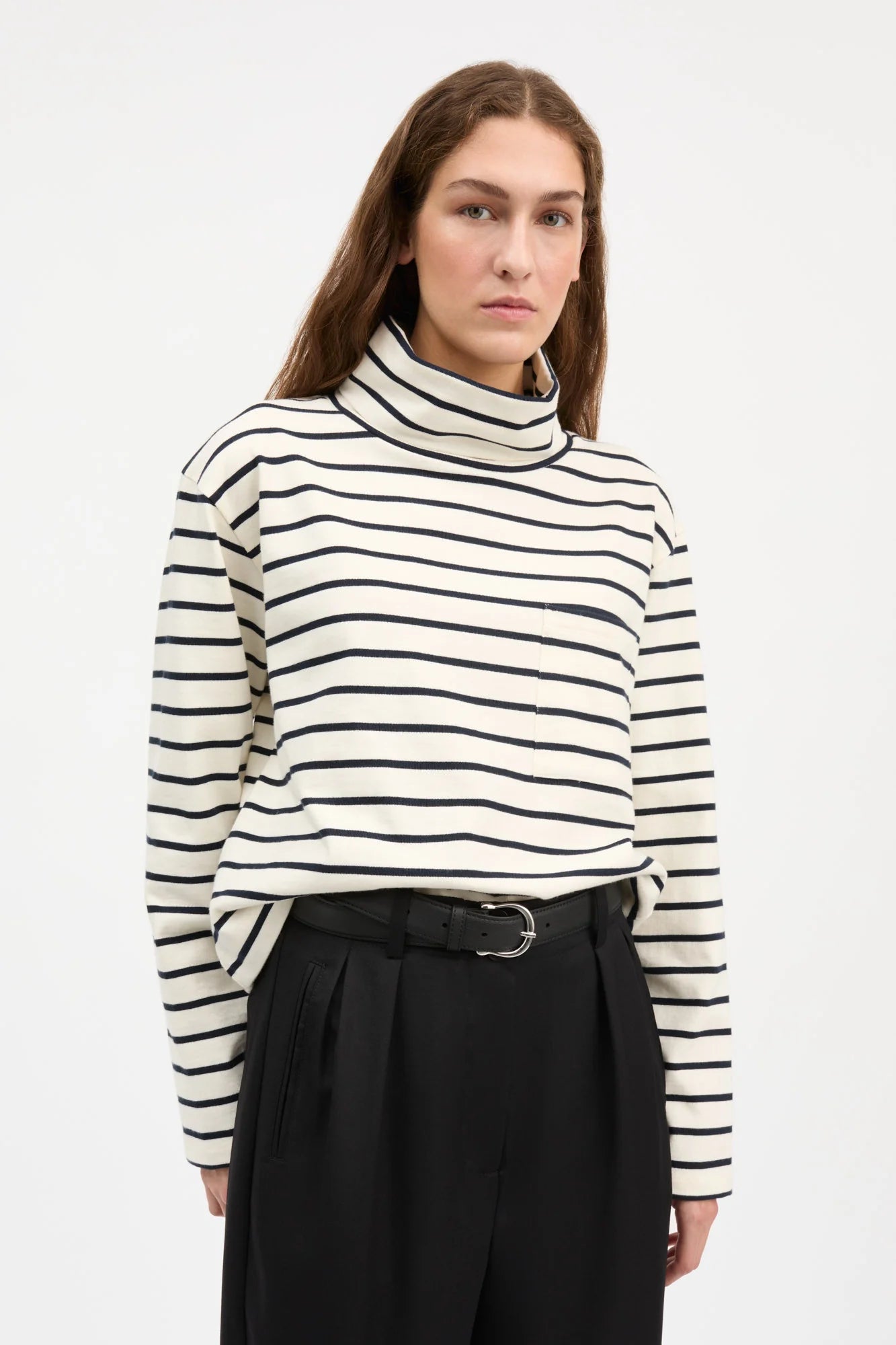 Skall Studio - Nessa T-Neck Blouse, Ecru/Navy Stripe