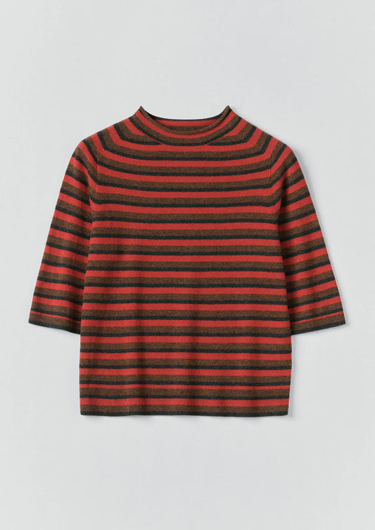 TOAST - Stripe Wool Cashmere Half Sleeve Top, Red Multi