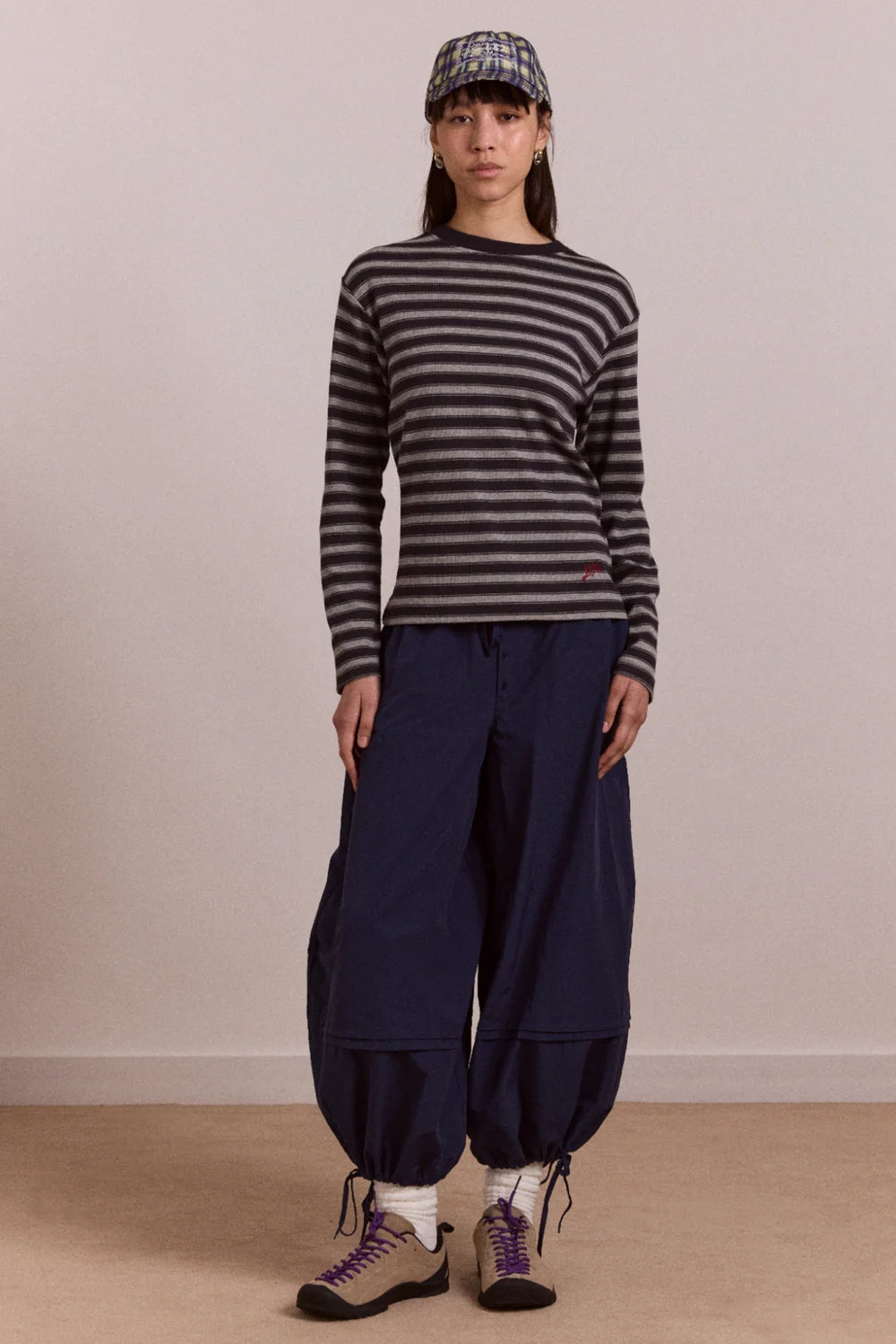 Damson Madder - Lilah Fitted LS Tee, Grey Marl Stripe