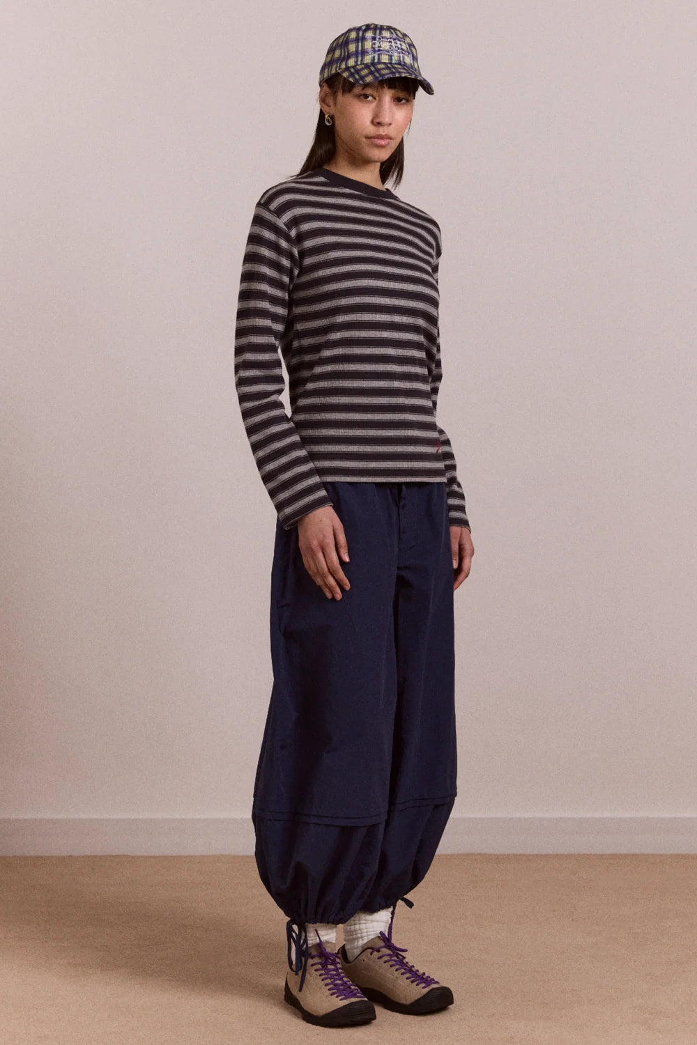 Damson Madder - Lilah Fitted LS Tee, Grey Marl Stripe