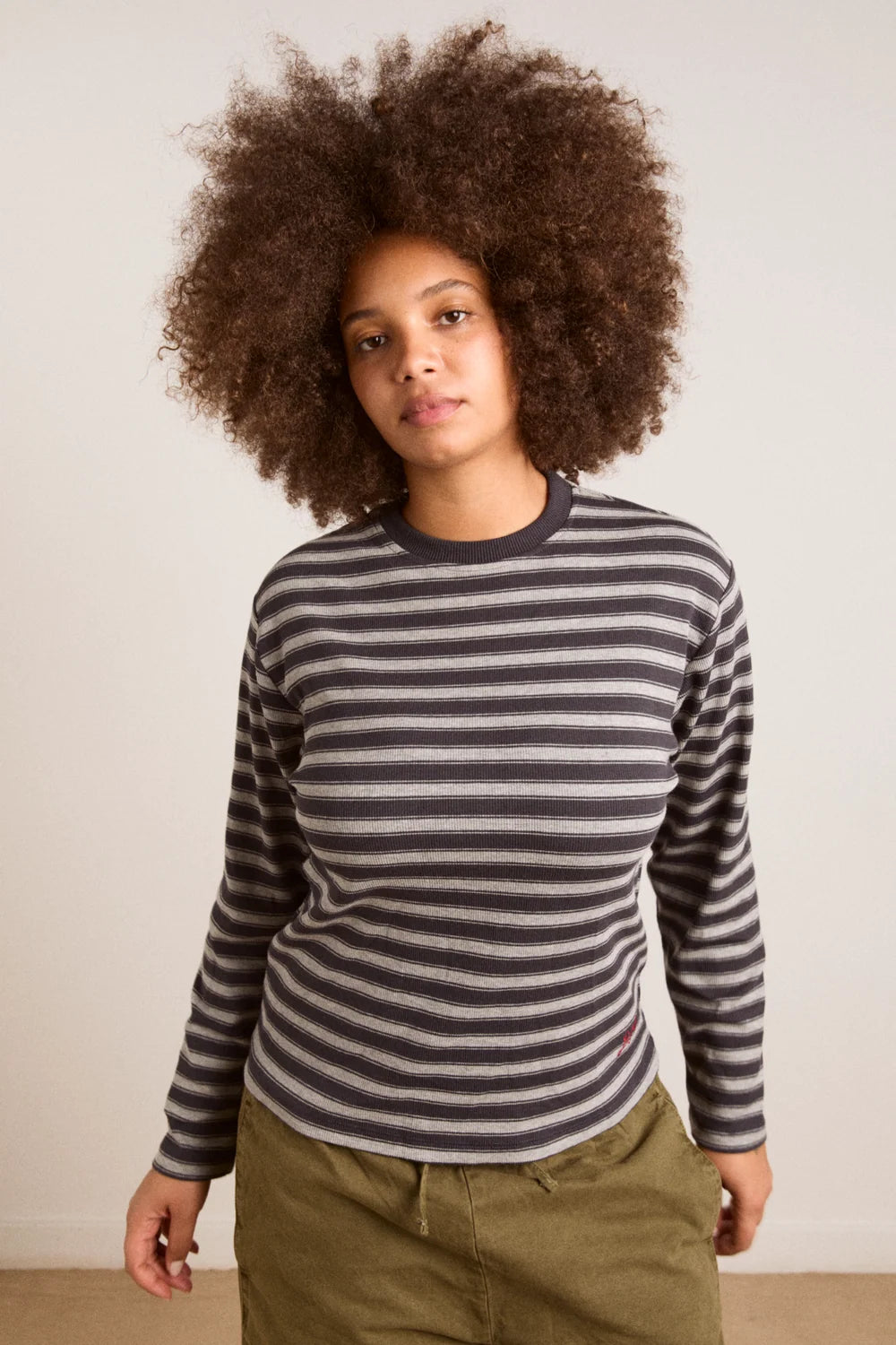 Damson Madder - Lilah Fitted LS Tee, Grey Marl Stripe