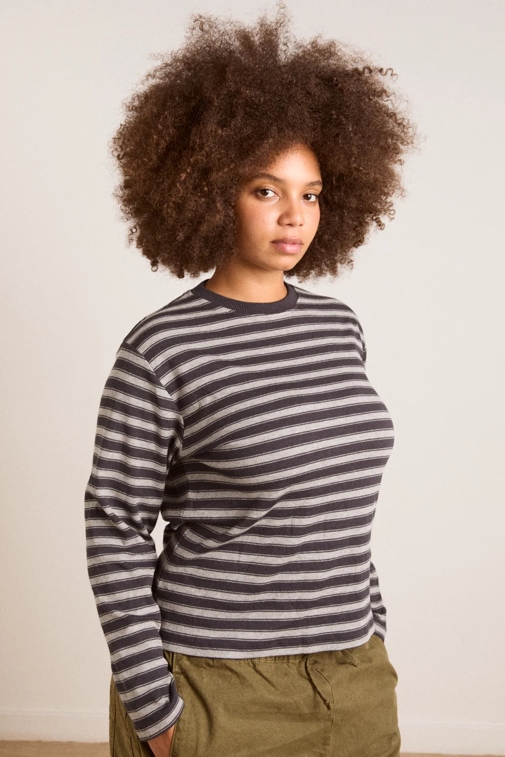 Damson Madder - Lilah Fitted LS Tee, Grey Marl Stripe