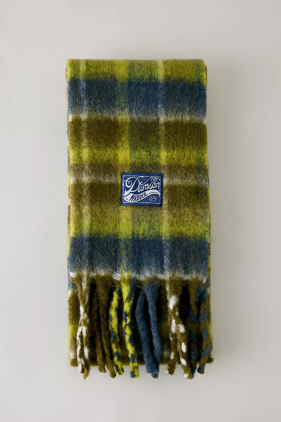 Damson Madder - Brushed Fluffy Slim Scarf, Green Check