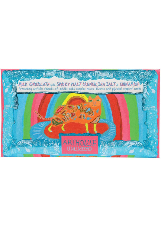 Arthouse Umlimited - 
Rainbow Cat, Milk Chocolate Bar with Smoky Malt Crunch, Sea Salt & Cinnamon