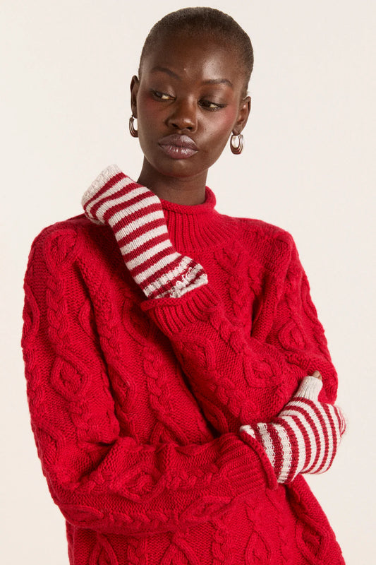 Damson Madder - Stripe Mittens, Red/Grey Stripe