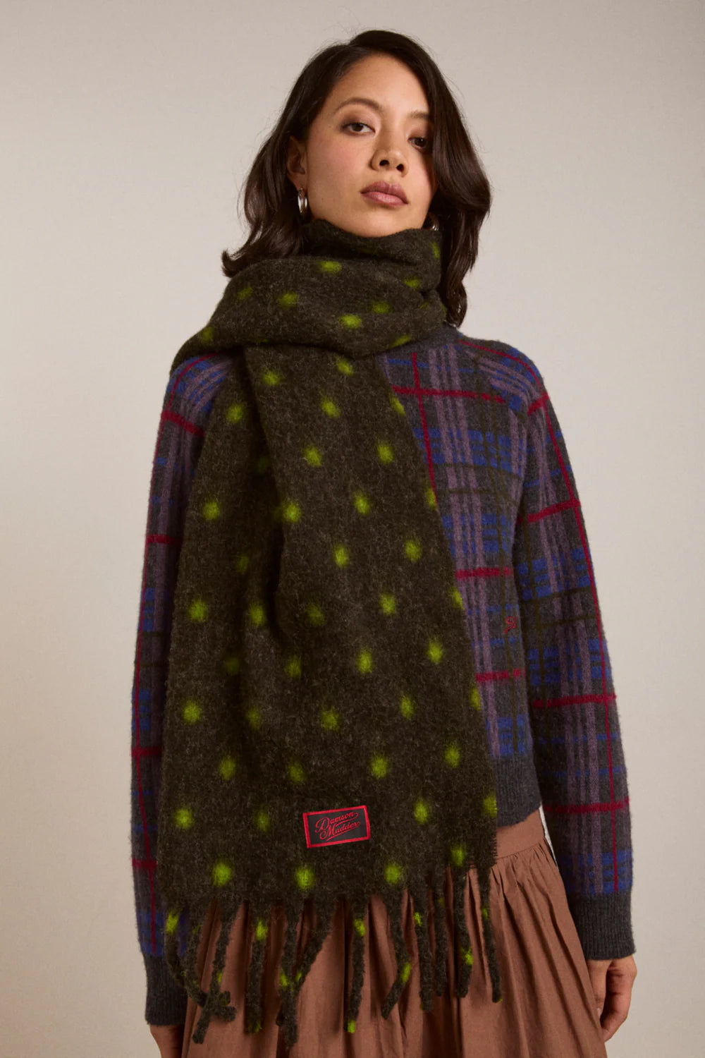 Damson Madder - Fluffy Scarf Charcoal/Lime Spot