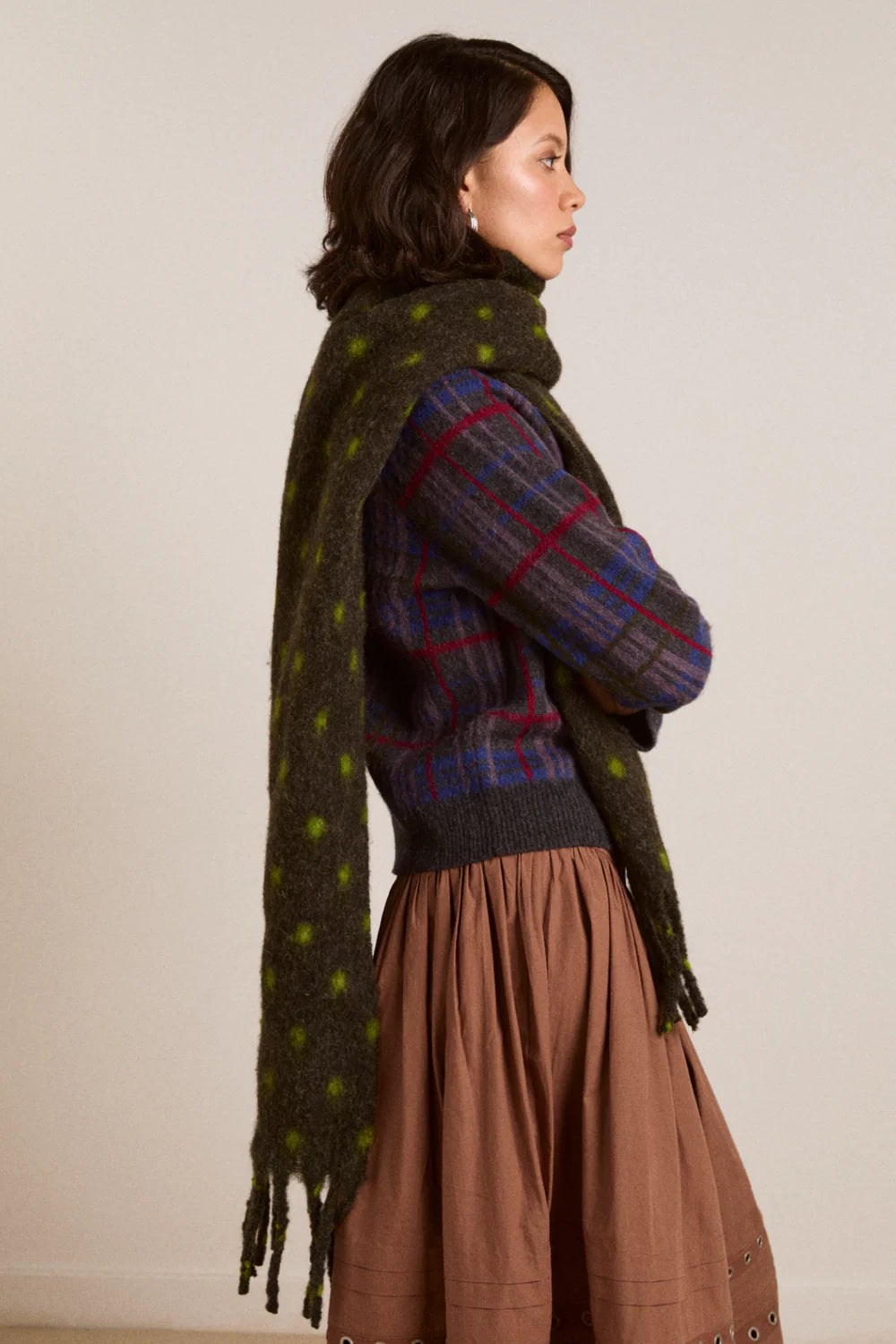 Damson Madder - Fluffy Scarf Charcoal/Lime Spot