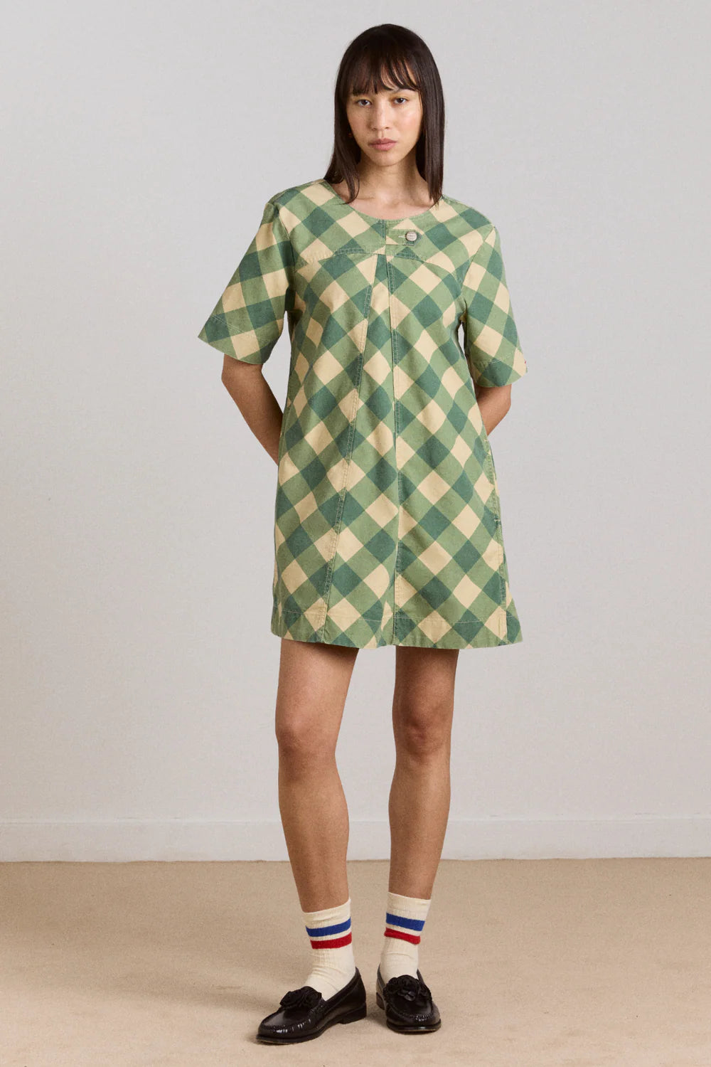 Damson Madder - Bridget Mini Dress, Green Butter Gingham