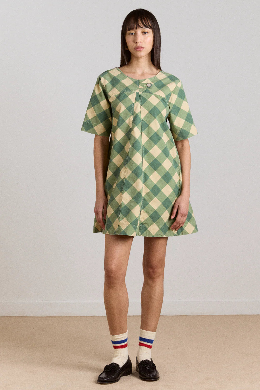 Damson Madder - Bridget Mini Dress, Green Butter Gingham