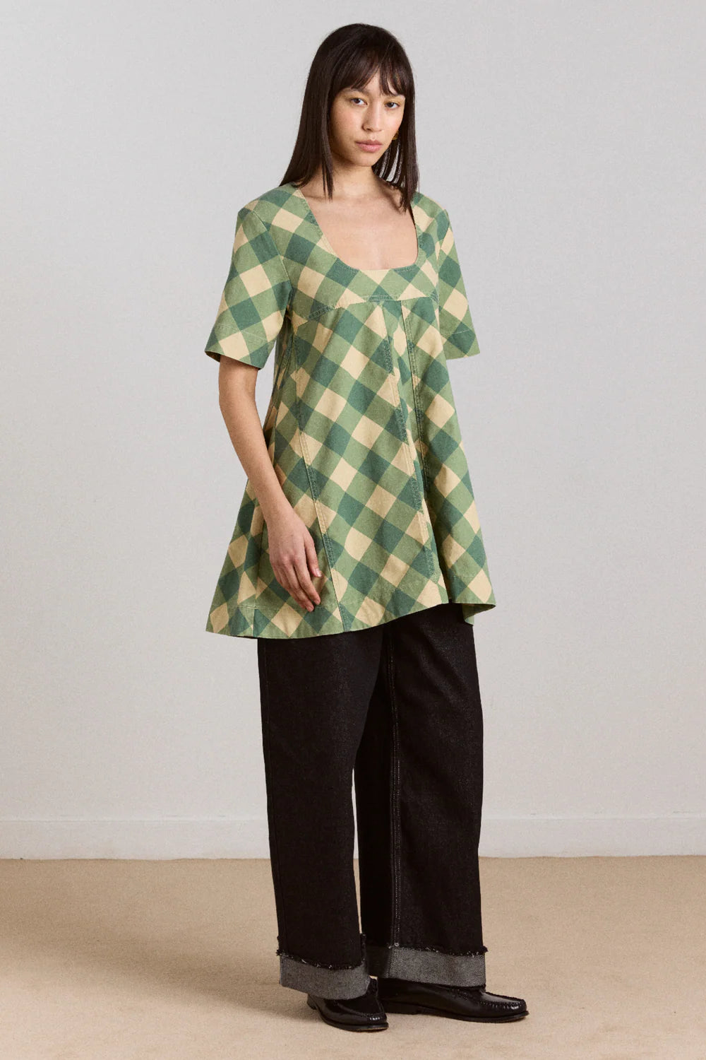 Damson Madder - Bridget Mini Dress, Green Butter Gingham