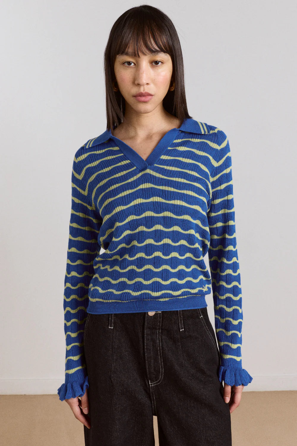 Damson Madder- Silvia Merino Blend Polo Jumper, Blue/Mint
