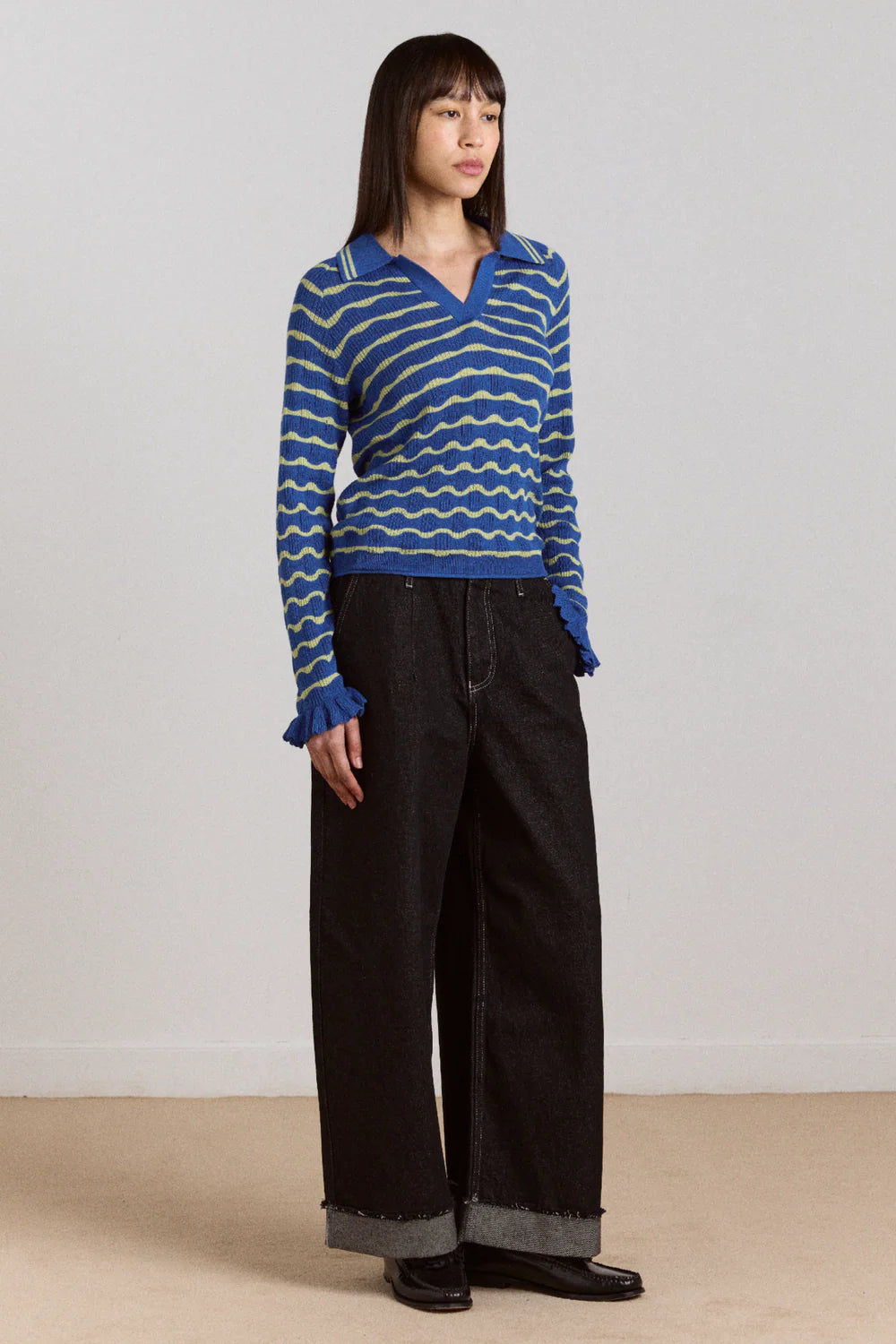 Damson Madder- Silvia Merino Blend Polo Jumper, Blue/Mint