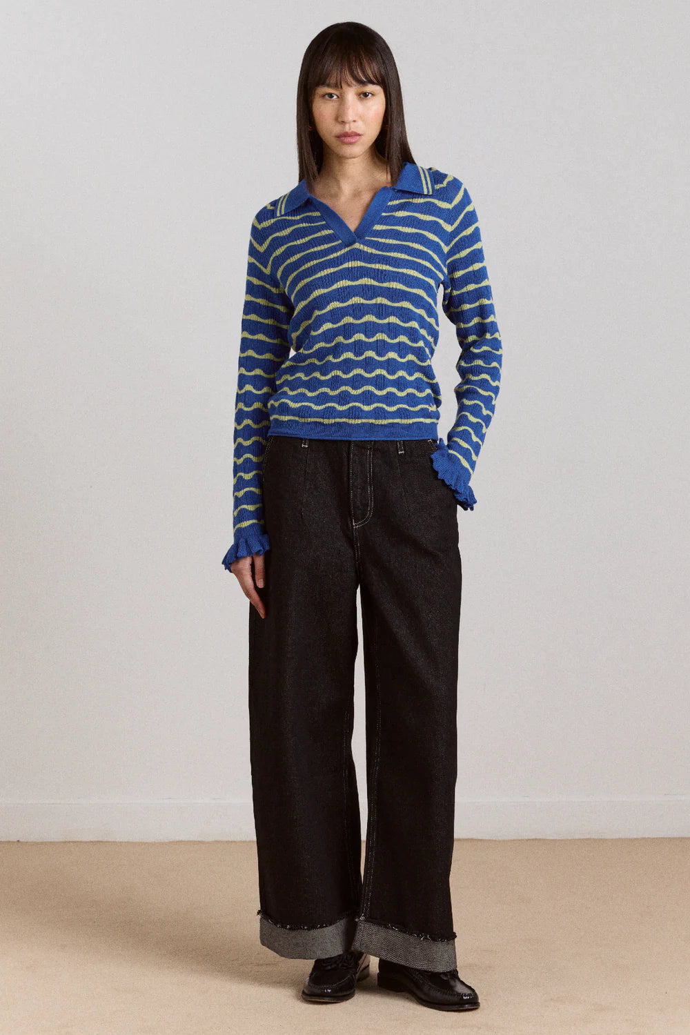 Damson Madder- Silvia Merino Blend Polo Jumper, Blue/Mint