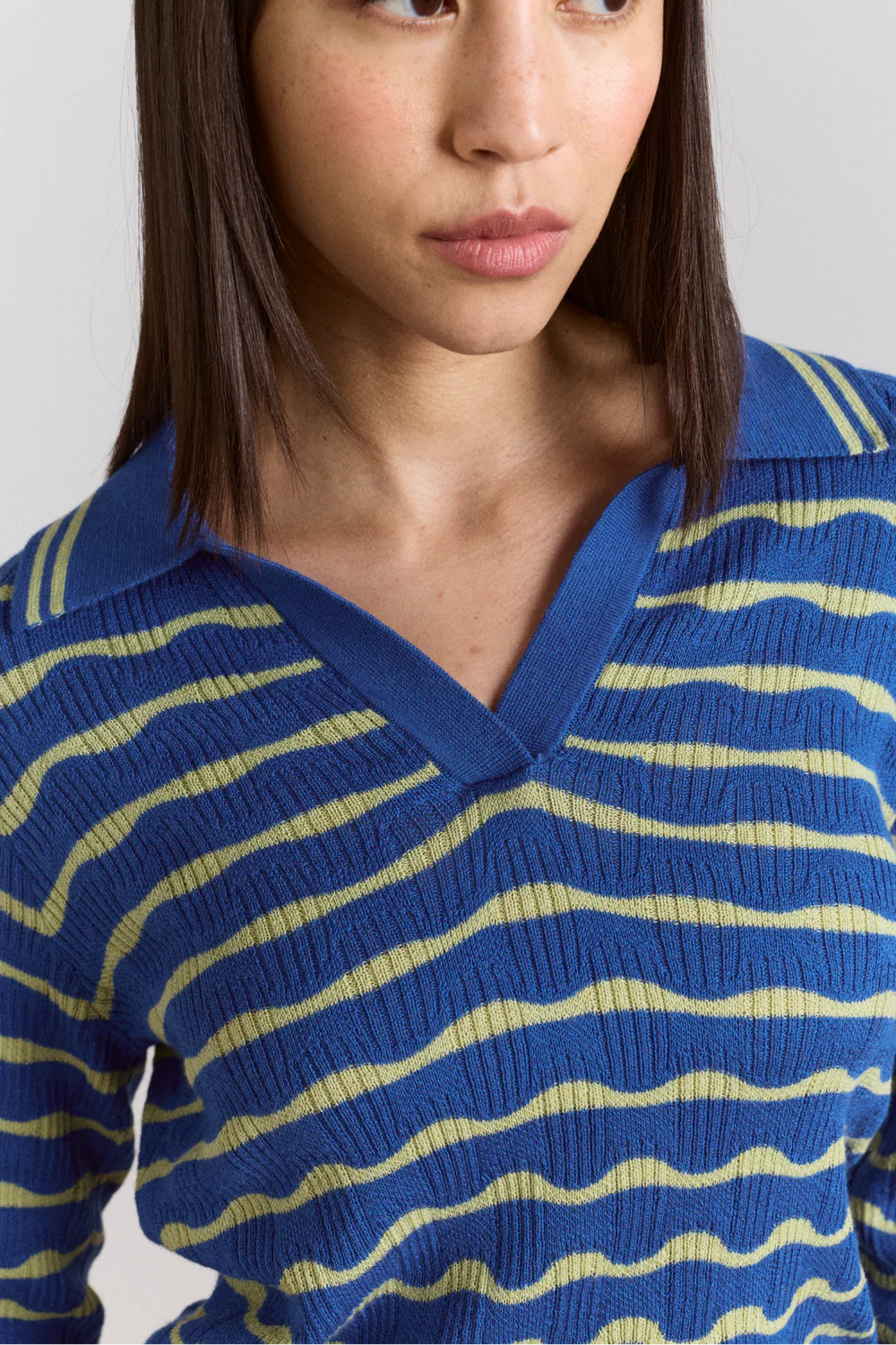 Damson Madder- Silvia Merino Blend Polo Jumper, Blue/Mint