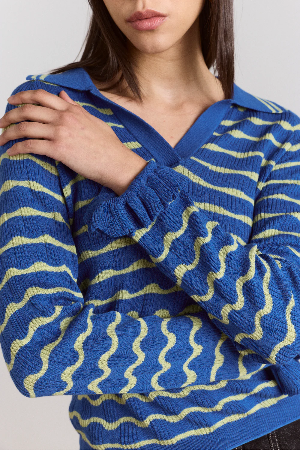 Damson Madder- Silvia Merino Blend Polo Jumper, Blue/Mint