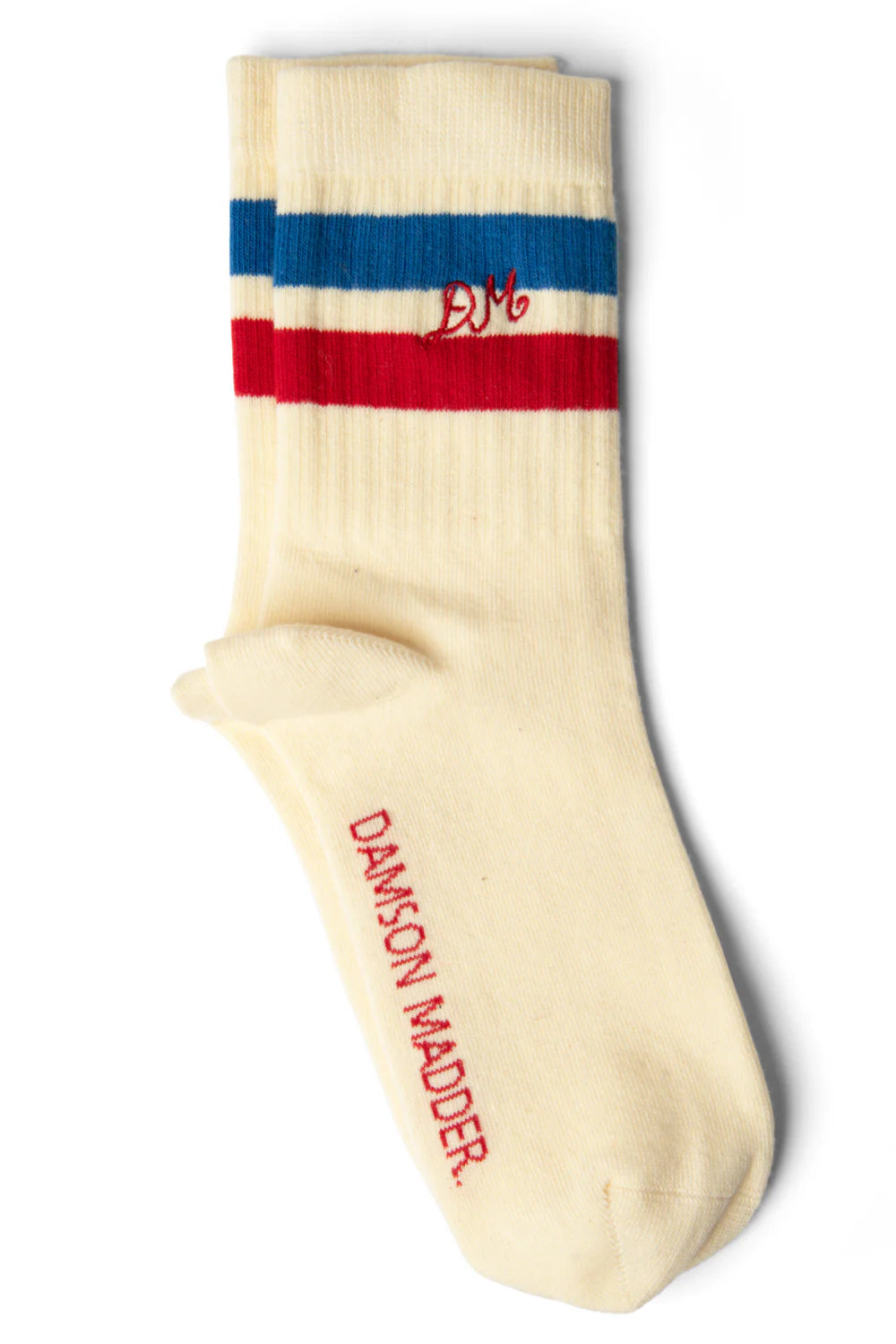 Damson Madder - Sporty Calf Length Socks, Cream with Blue and Red Stripe