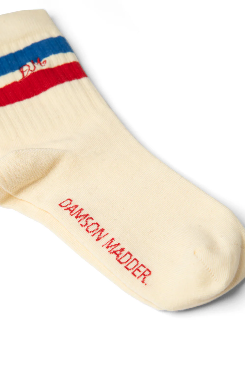 Damson Madder - Sporty Calf Length Socks, Cream with Blue and Red Stripe