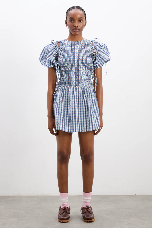 Damson Madder - Becca Bubble Mini Dress - Blue Margot Gingham