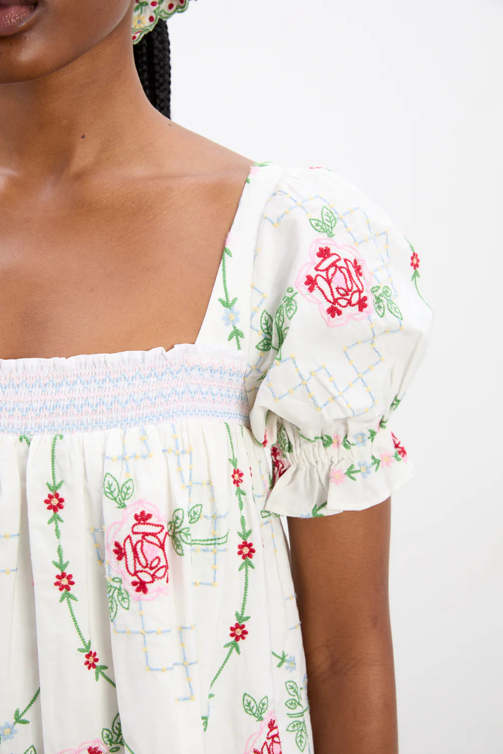 Damson Madder - Lulu Mini Dress - Rose Embroidery