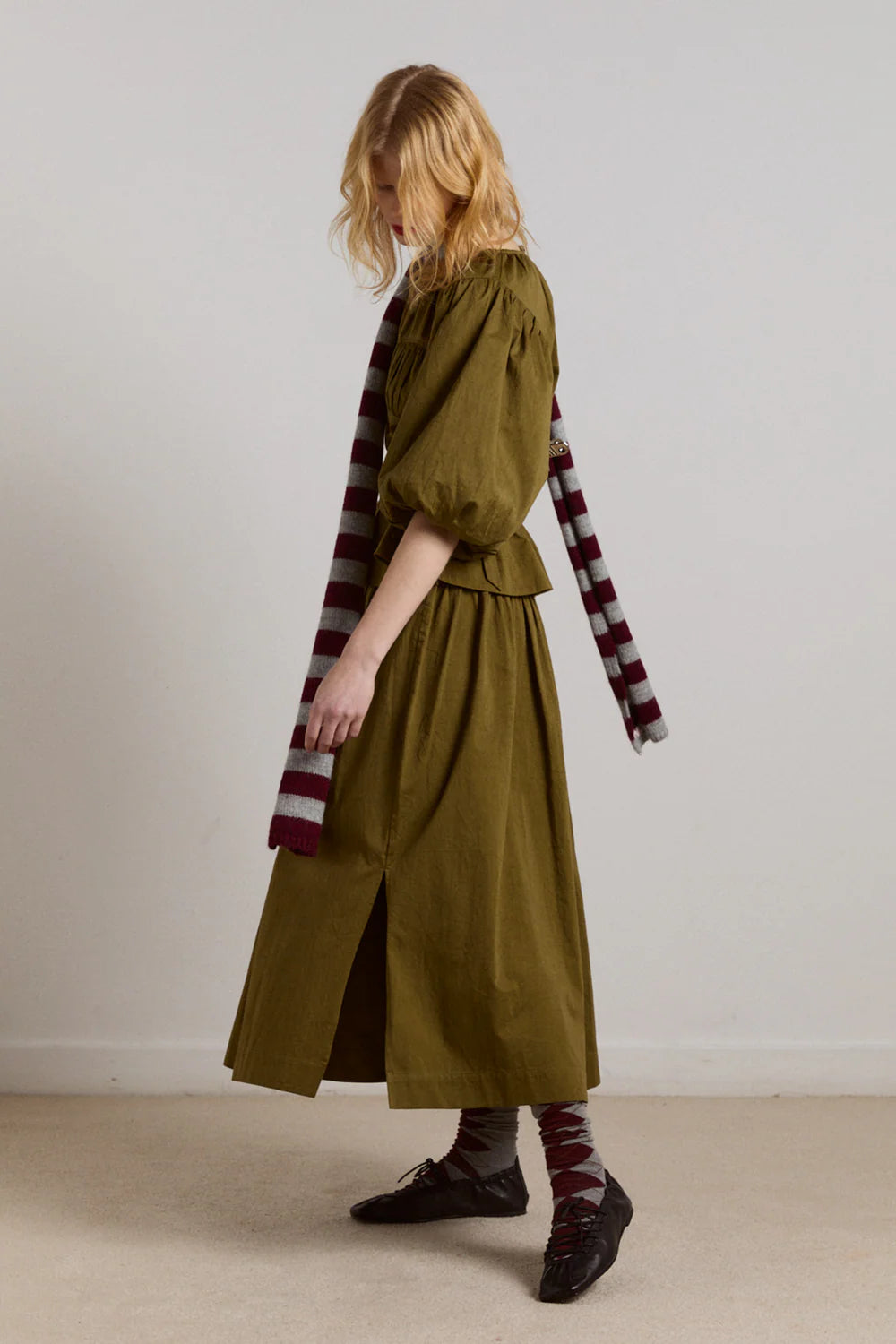 Damson Madder - Stripe Skinny Scarf, Burgundy/Grey