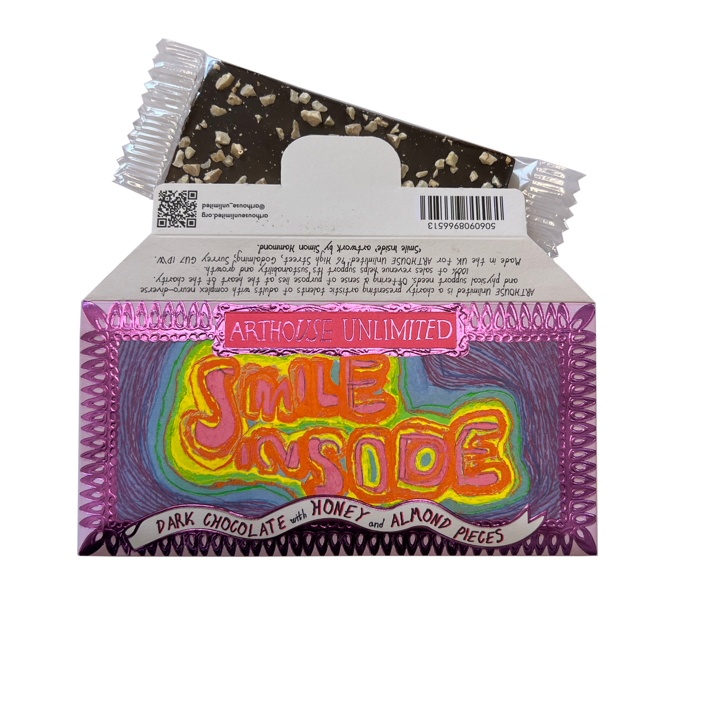 Arthouse Unlimited - Joy Sized: Smile Inside, Dark Chocolate with Honey & Almond Pieces