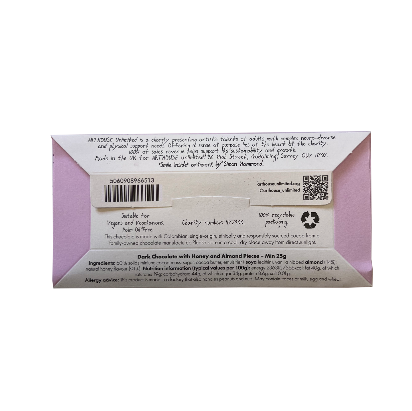 Arthouse Unlimited - Joy Sized: Smile Inside, Dark Chocolate with Honey & Almond Pieces