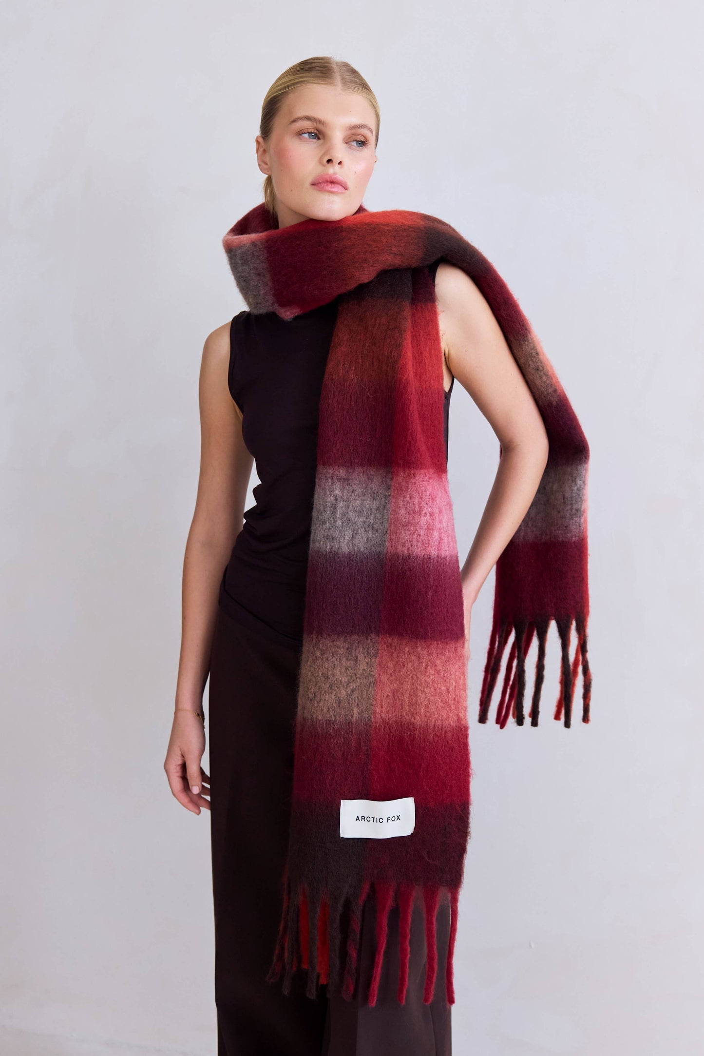 Arctic Fox & Co - The Reykjavik Scarf - 100% Recycled - Burgundy check - AW25
