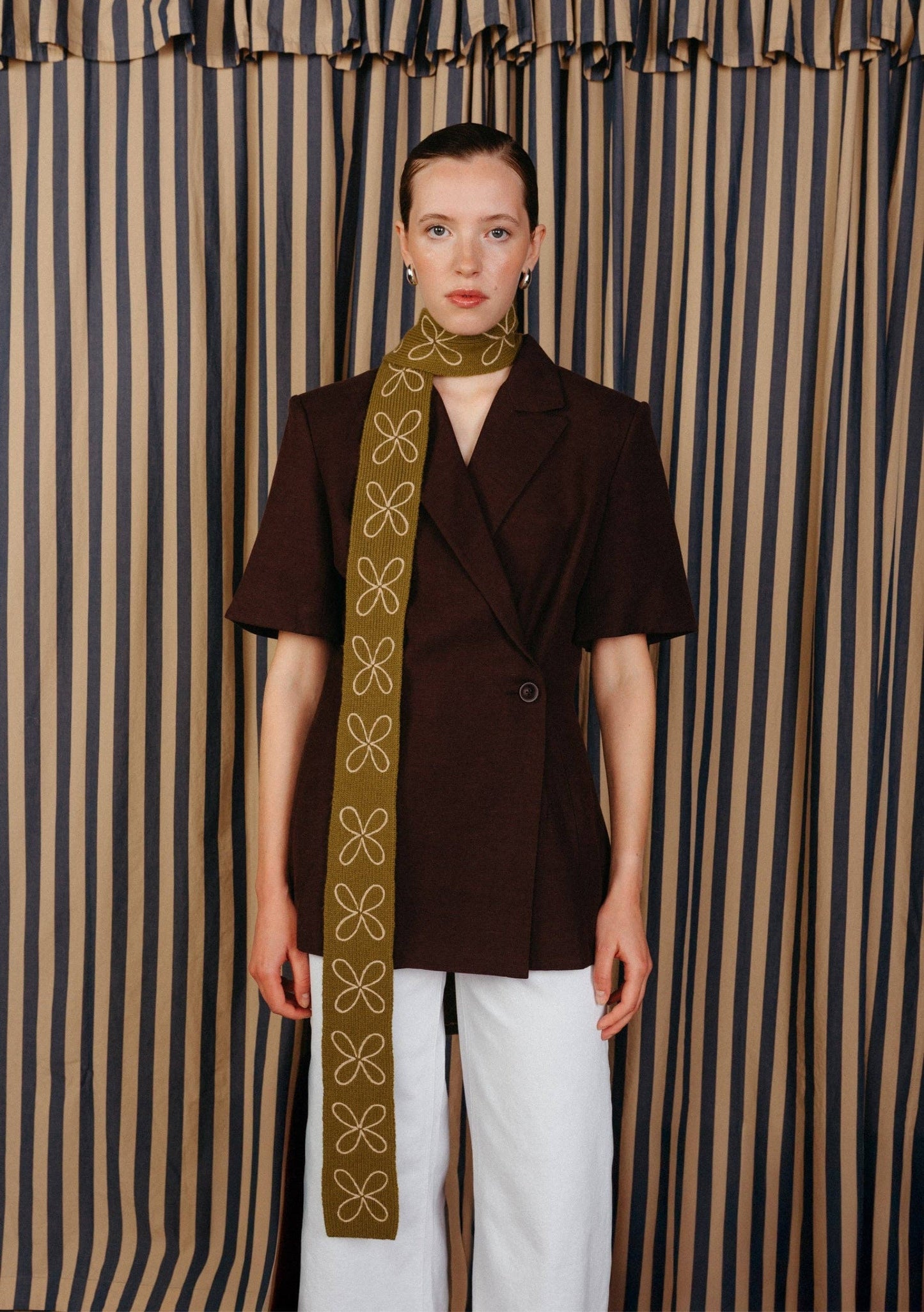 TBco - Merino Wool Skinny Scarf in Olive Flora