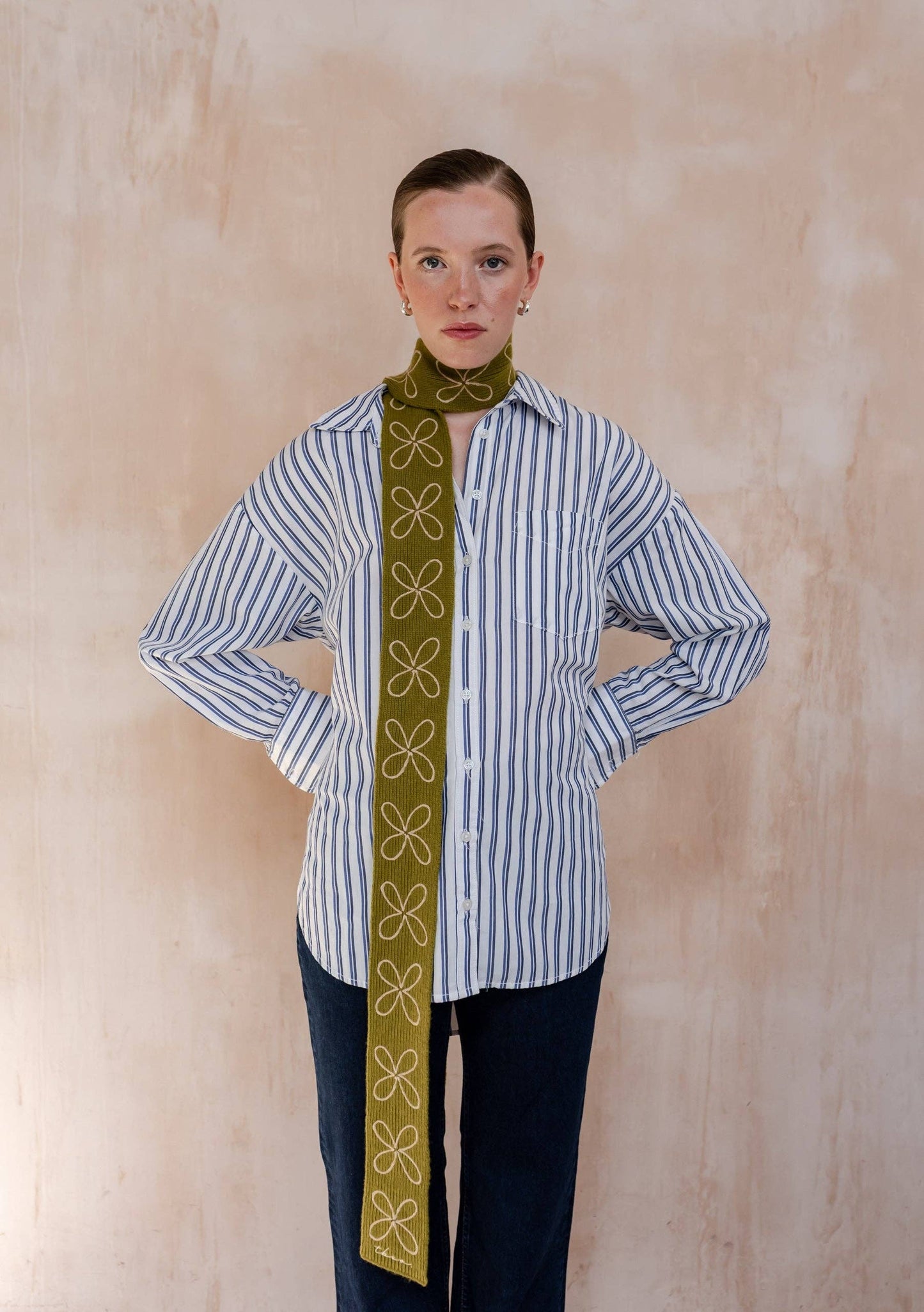 TBco - Merino Wool Skinny Scarf in Olive Flora