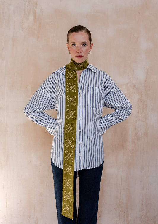 TBco - Merino Wool Skinny Scarf in Olive Flora