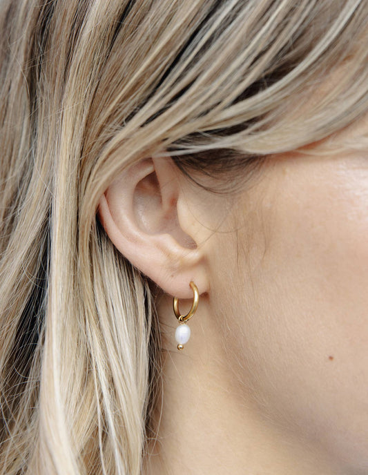 Nordic Muse - Gold Pearl Drop Hoop Earrings
