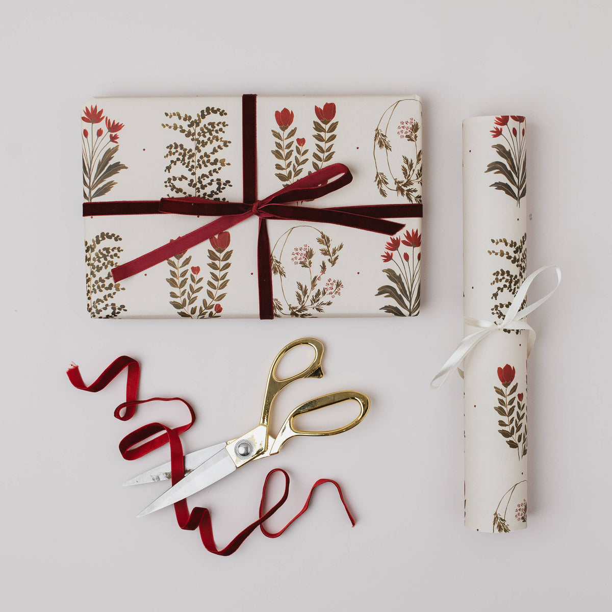 Katie Housley - Christmas Gift Wrap, Red Floral Botanical