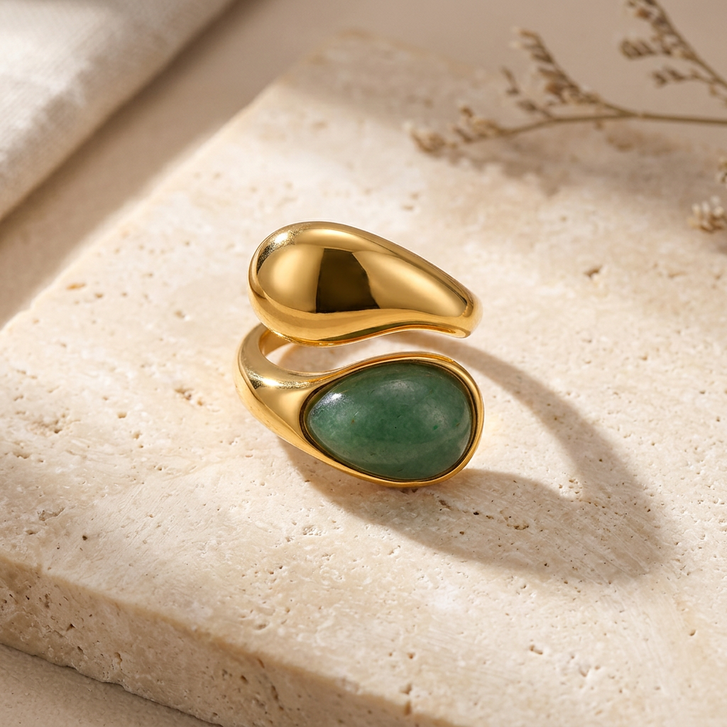 Gold Lunar - Aventurine Green Gemstone Ring, Gold