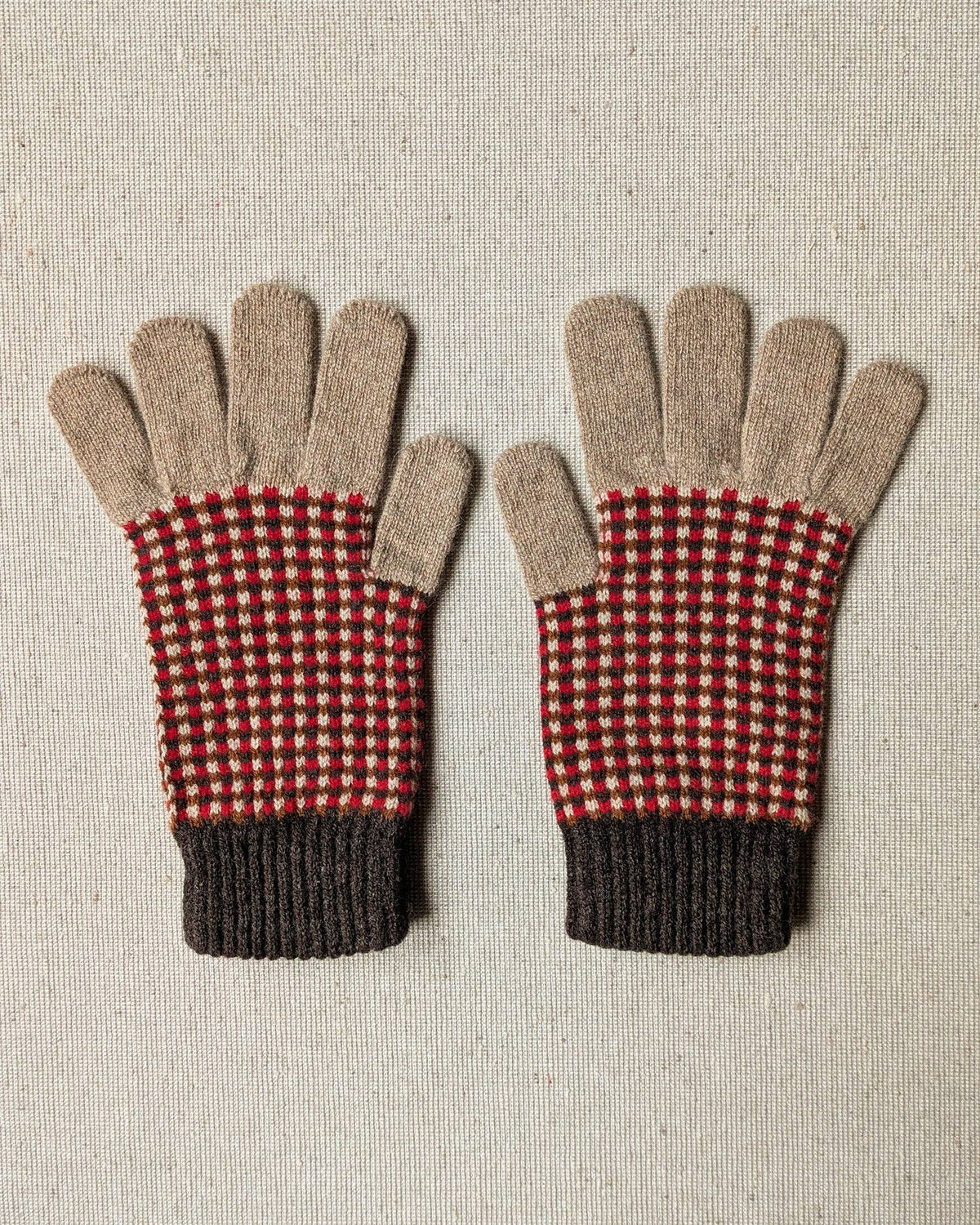 Rove Knitwear - Lambswool Gloves, Red & Brown Check