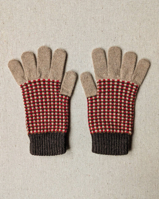 Rove Knitwear - Lambswool Gloves, Red & Brown Check