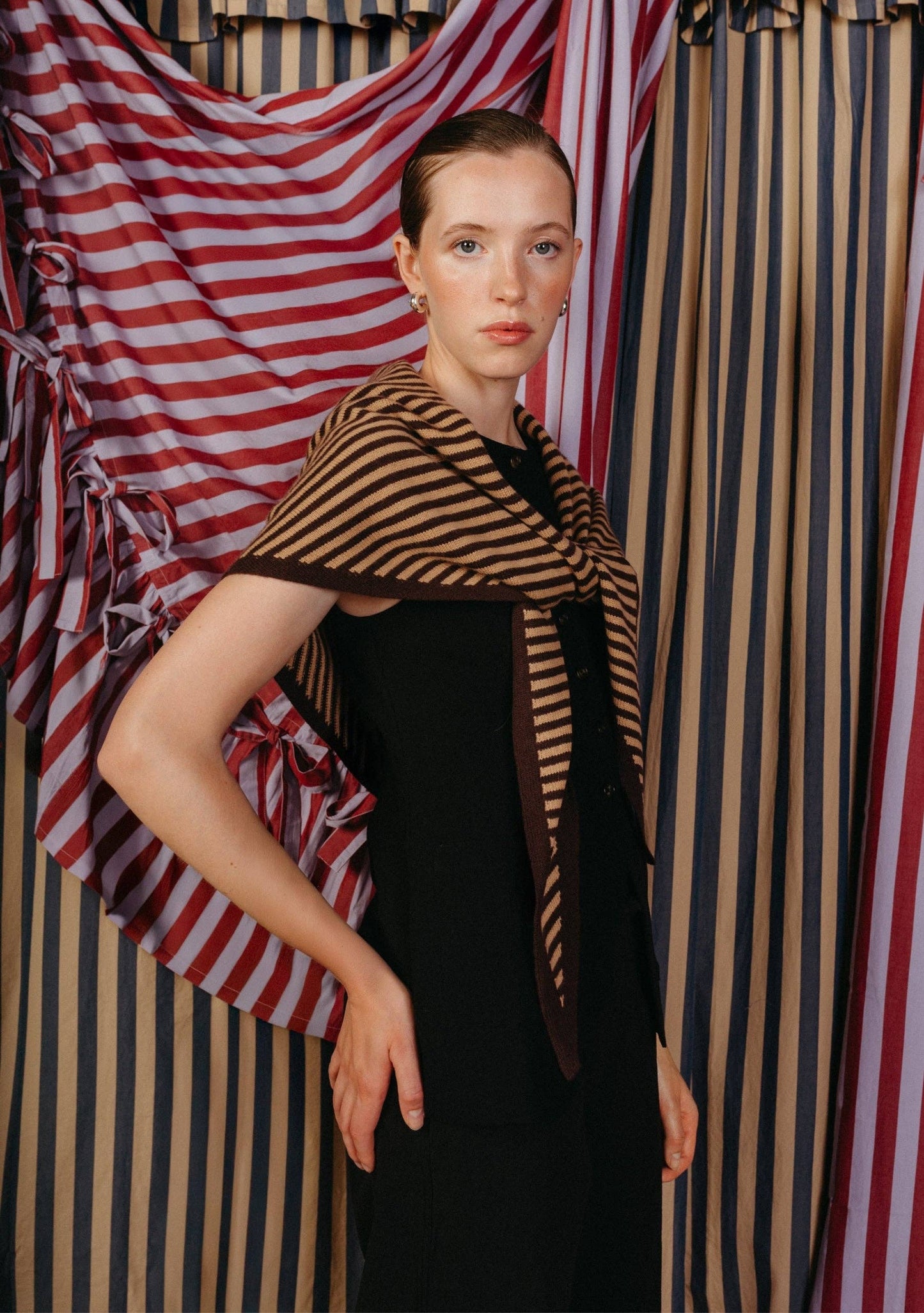 TBCo - Large Merino Wool Triangle Scarf in Camel & Brown Stripe