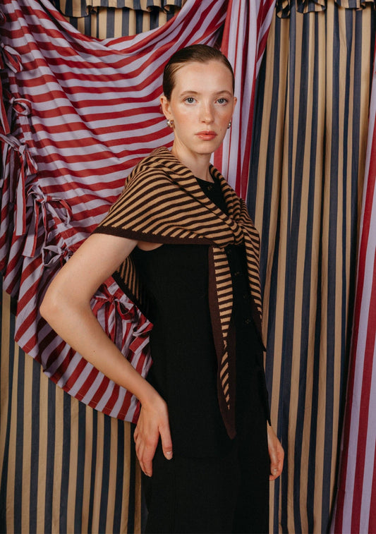 TBCo - Large Merino Wool Triangle Scarf in Camel & Brown Stripe