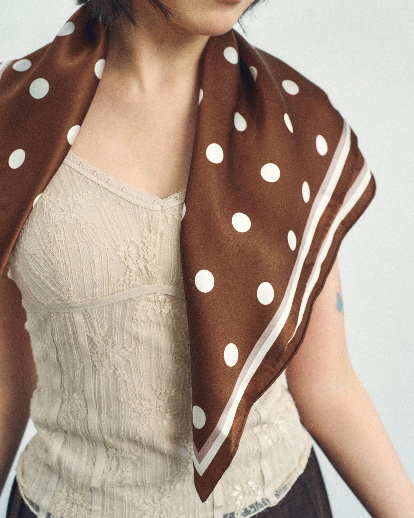 Lost Pattern NYC - Retro Polka Silk Bandana Scarf, Cafe Au Lait