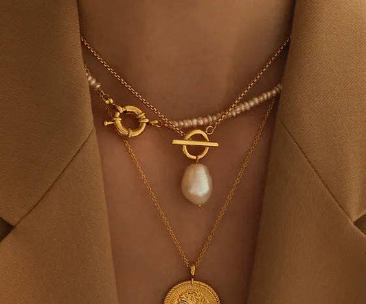 Gold Lunar - T Bar & Pearl Drop Necklace