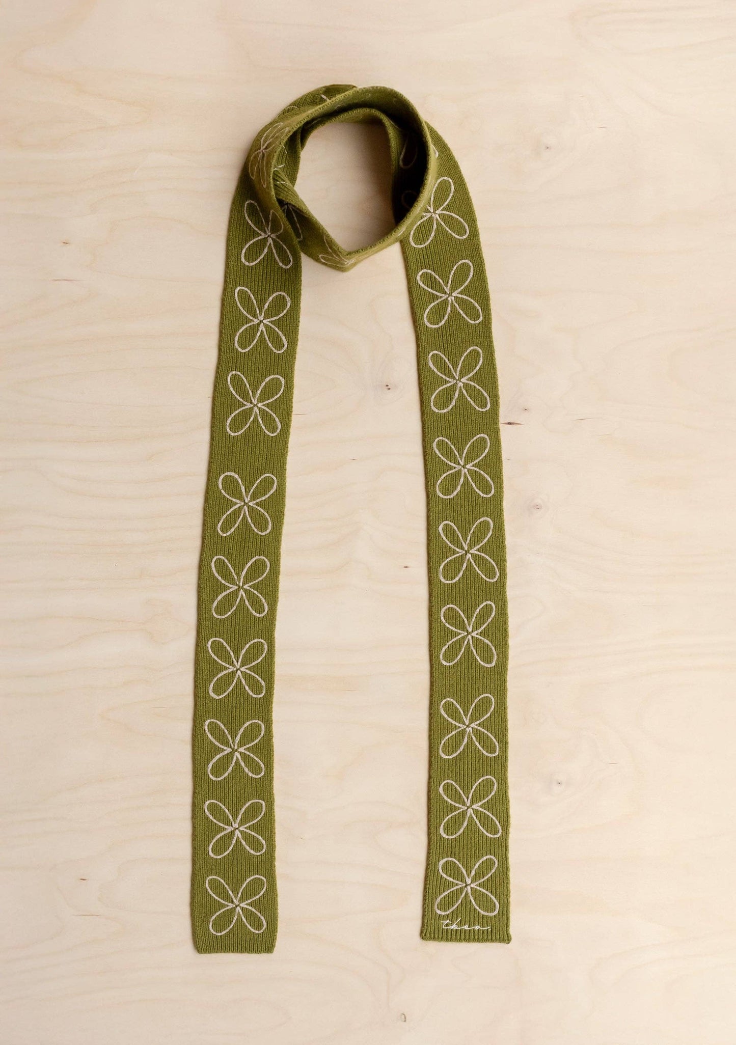 TBco - Merino Wool Skinny Scarf in Olive Flora
