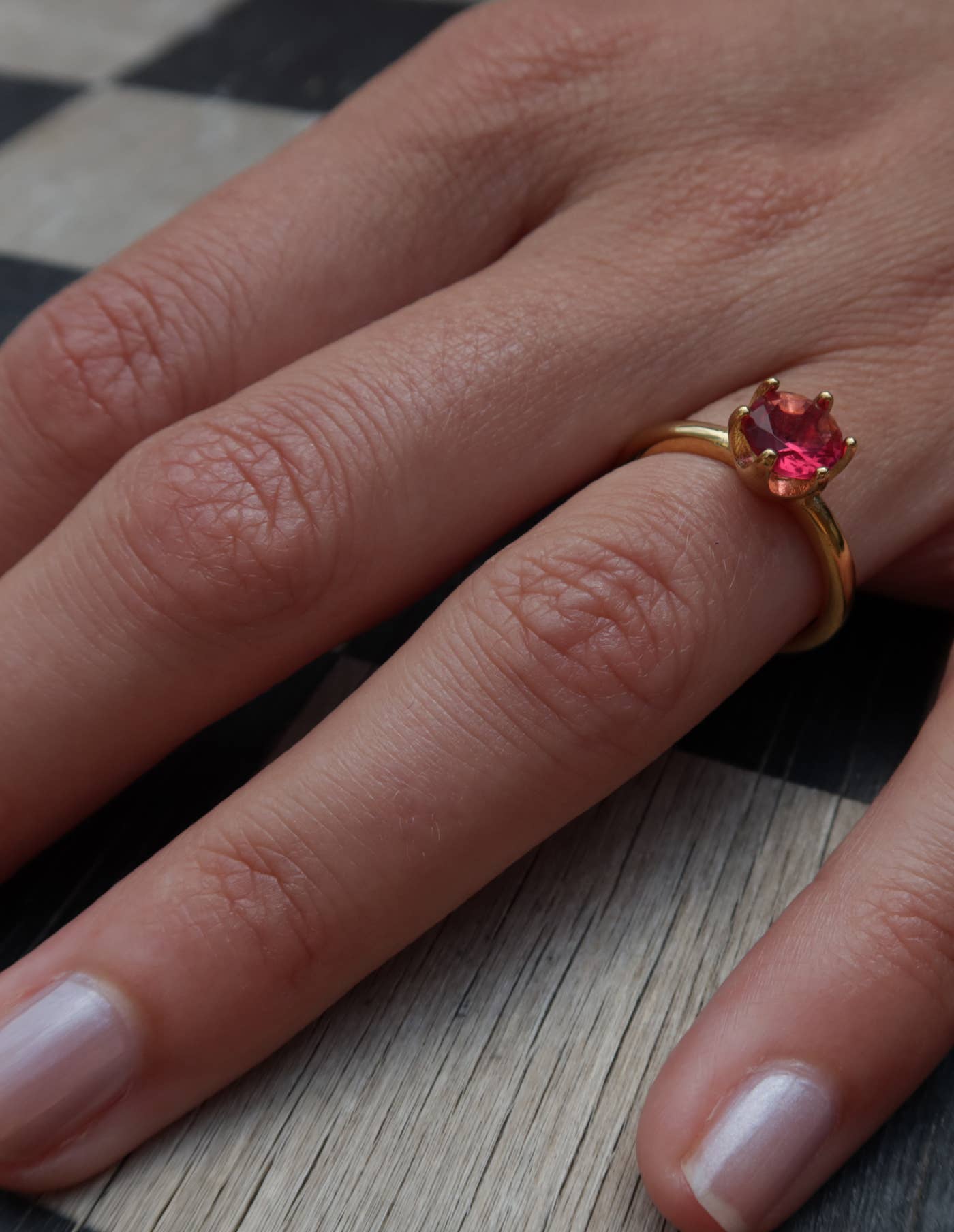 Nordic Muse - Gold Claw Set Red Gemstone Ring, Waterproof