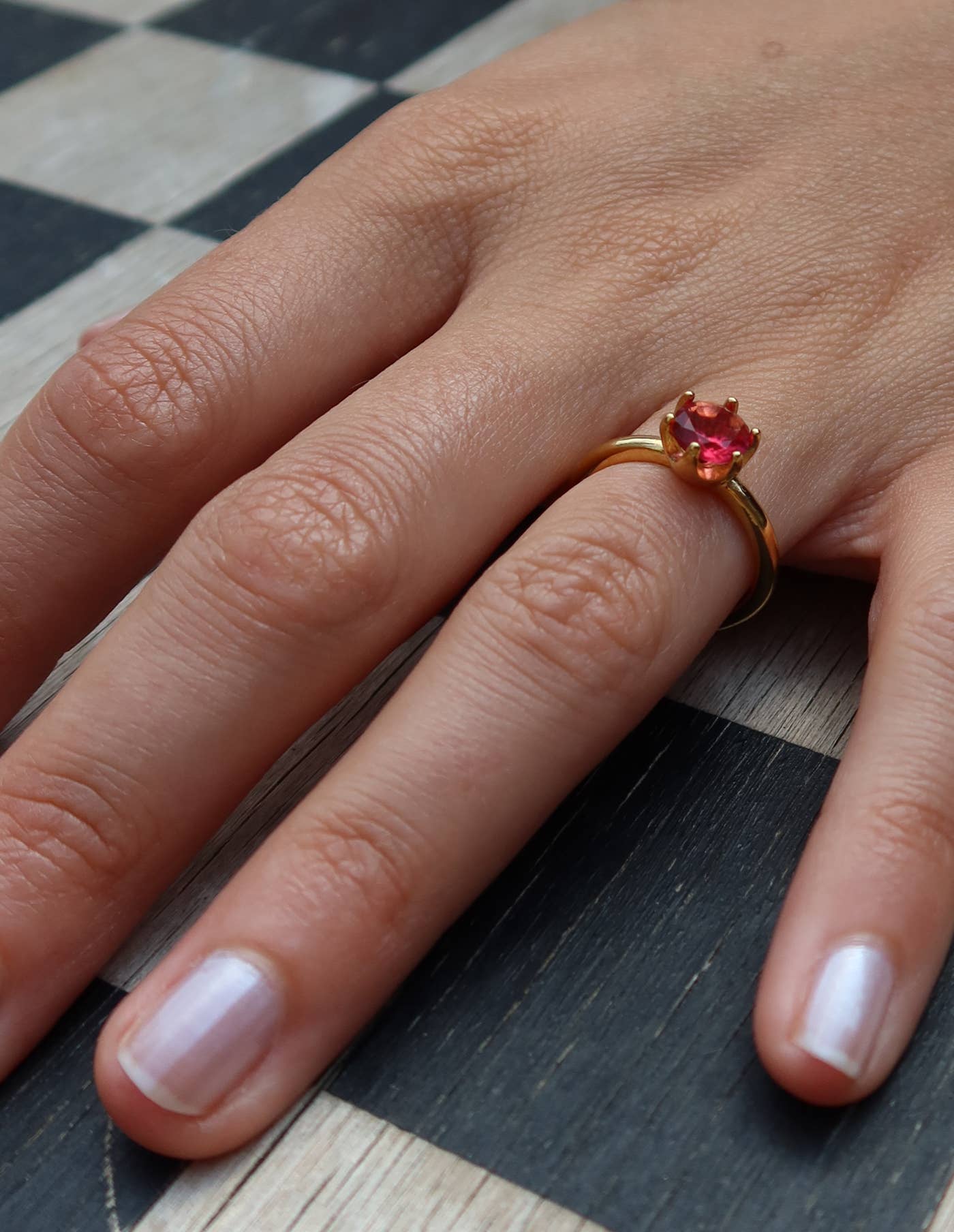 Nordic Muse - Gold Claw Set Red Gemstone Ring, Waterproof
