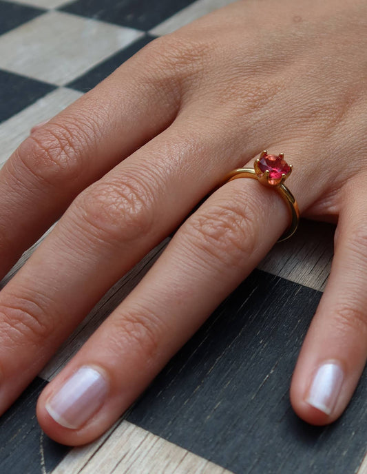 Nordic Muse - Gold Claw Set Red Gemstone Ring, Waterproof