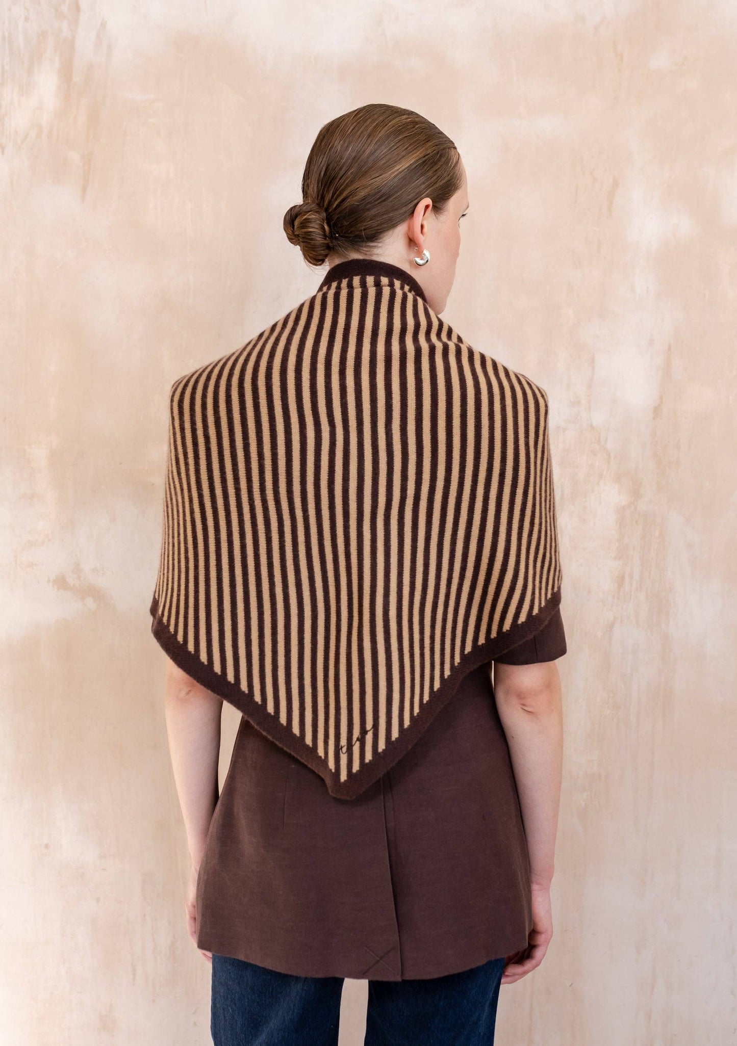 TBCo - Large Merino Wool Triangle Scarf in Camel & Brown Stripe