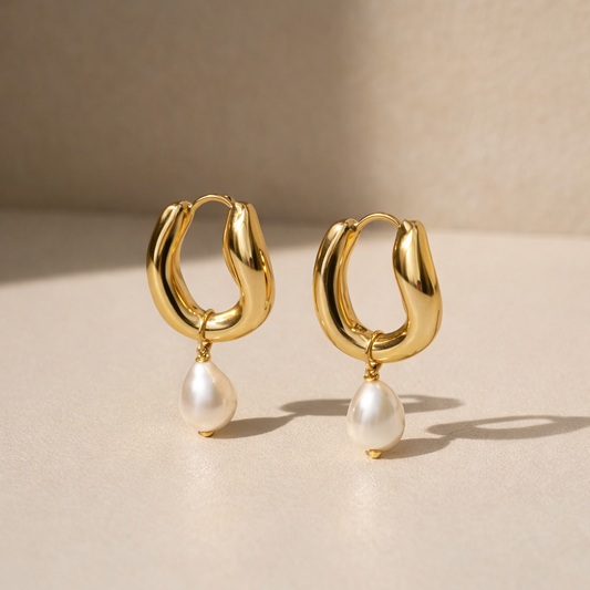Gold Lunar -  Wavy Pearl Hoops
